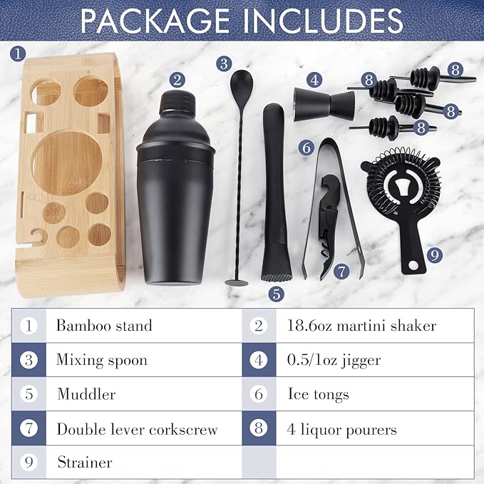 JNWINOG 12Pcs-Cocktail Shaker Set Stainless Steel Bartending Kit 18.6oz Cocktail Bar Set Cocktail Mix Drink Making Kit Professional Bar and Home Drink Bar Tools for Bartender (Matte Black, 12Pcs)