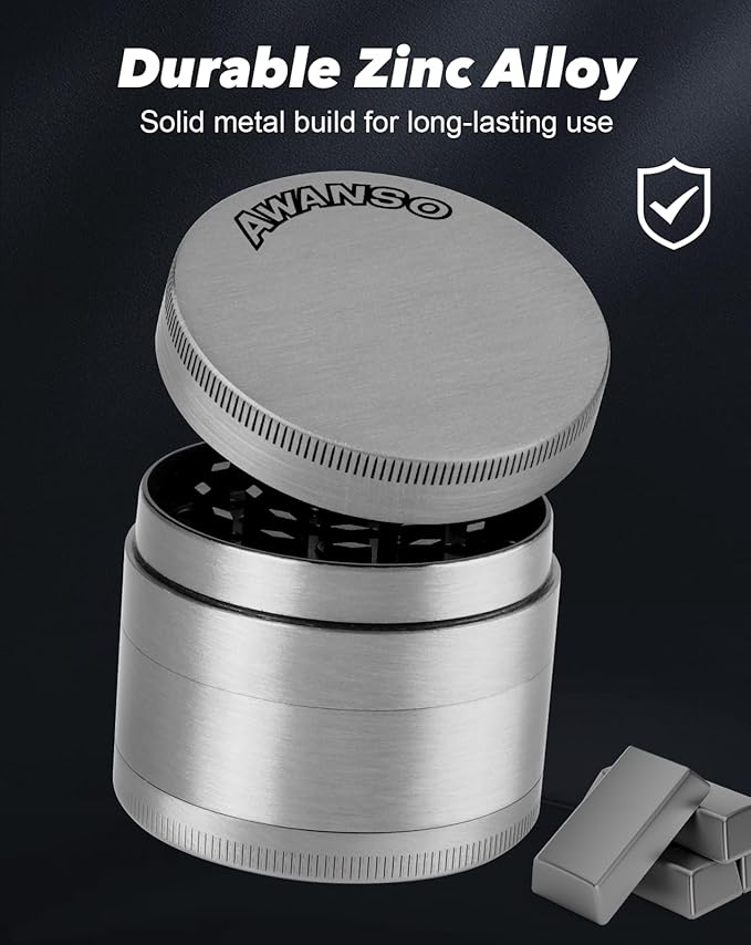 3" Grinder for Kitchen Spices, 3-Piece 4-Part Design, Screen-Free, Durable Zinc Alloy, Silver