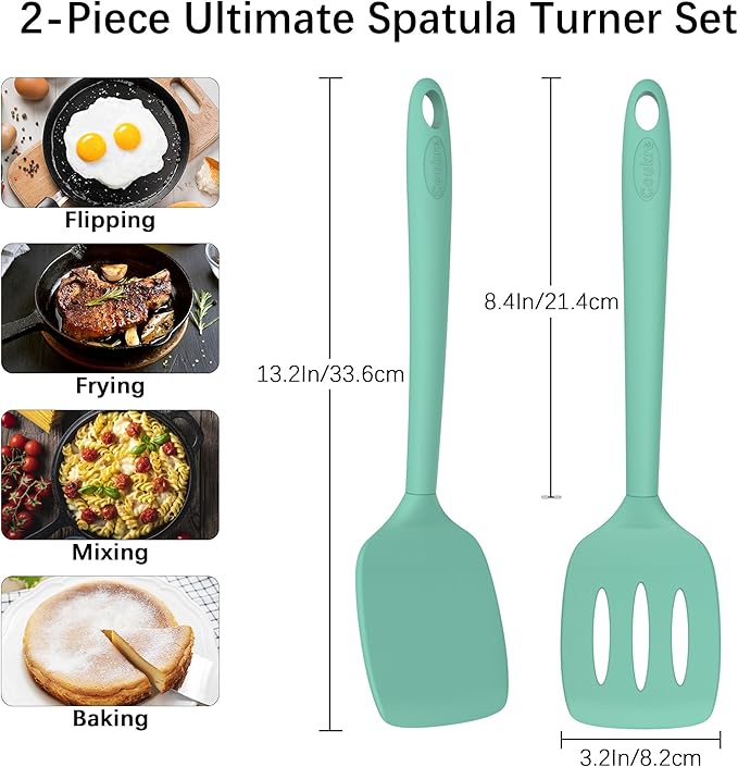 Coukre 2 Pack Silicone Spatula Set, High Heat Resistant, BPA Free Kitchen Spatula, Solid & Slotted Turner for Non-Stick Pans, Sautéing, and Flipping (2, SolidAquaGreen)