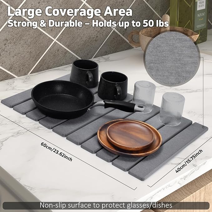 Large Stone Dish Drying Mat for Kitchen Counter, 24"×16", Collapsible Quick Dry Dish Drying Mat, Ultra Absorbent Diatomaceous Earth Mats for Dishes Bottles Cups, Match Any Countertop - Grey