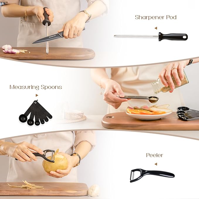 Astercook Knife Set with Block and Sharpener, 22 Piece Kitchen Knife Set Dishwasher Safe, Space-Saving Clear Knife Block with Knives for Everyday Home Cooking Black