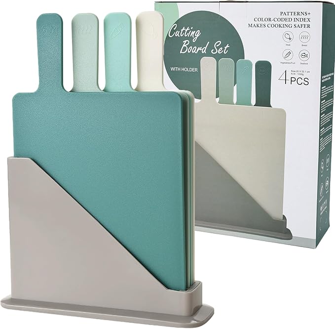 Plastic Cutting Boards for Kitchen, 4-Pieces Cutting Board With Food Icons And Storage Stand, Easy Grip Handle, Professional Chopping Board Set for Meat, Veggies, Fruits（12.9"X 9.4" X 3.1")