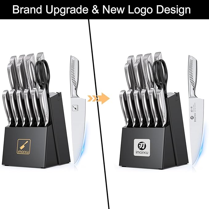 imarku® Kitchen Knife Set, 15 Pcs Japanese Knife Set with Block, Premium Razor-Sharp Chef Knives Set for Kitchen with Sharpener, Rust-Proof, Ergonomic Full-Tang Handle, Black