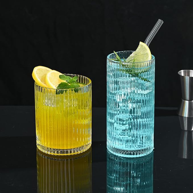 Set of 8 Vintage Ribbed Glassware,4 Highball Glasses 12 oz,4 Rocks Drinking Glasses 14 oz,Ribbed Cocktail Glass Cup,Drinking Glass Set,Used for Whiskey,Juice,Smoothies,Mixed Drinkware