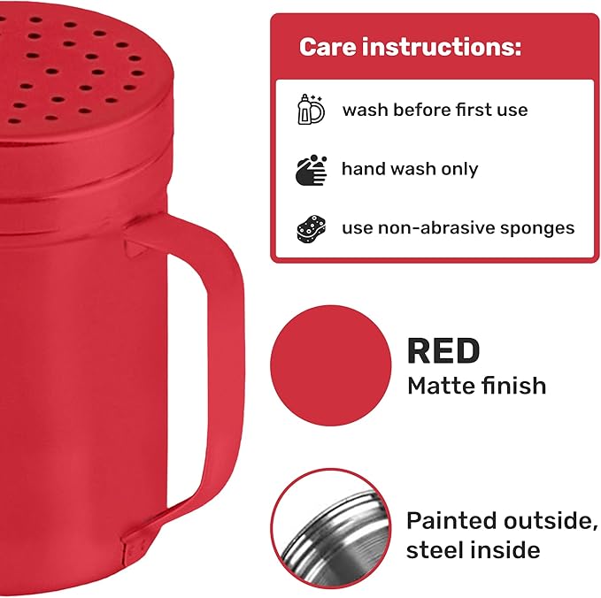CUSINIUM 14oz Red Stainless Steel Salt Pepper Dredge Shakers - With Plastic Cap - With Handle - Pack of 2