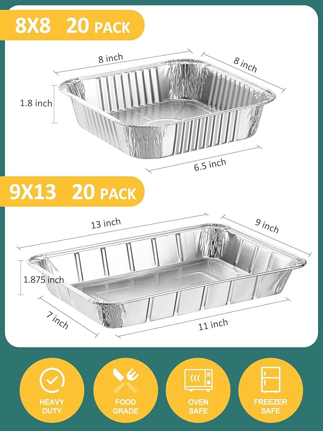 NEEBAKE 40 Pack Disposable Aluminum Pans Combo Set - 20 Large 9x13 Aluminum Foil Pans Half Size & 20 Small 8x8 Tin Foil Baking Pans, Tin Trays Containers for Meal Prep, Food Cooking, Roasting, Heating