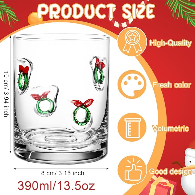 Skylety 2 Pcs Christmas Icon Juice Glasses Xmas Drinking Cups Old Fashioned Stemless Wine Glasses 13.5 oz Whiskey Cocktail Coffee Mugs for Christmas Party Gift Decor