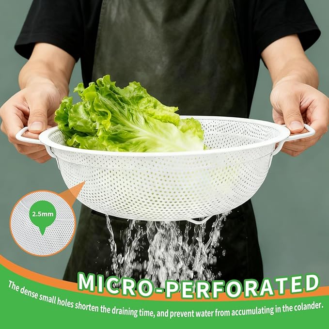 Colander Set with White Coating, Stainless Steel Micro-Perforated Colanders Strainers for Draining Rinsing Washing, Ideal for Vegetables Fruits, Heavy Duty & Dishwasher Safe