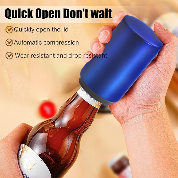 Destapador De Cerveza Automatic Beer Bottle Opener with Magnetic Cap Bottle Opener, Stainless Steel One Handed Lid Opening Spring Loaded Push&Pop Bottle Opener for Kitchen Home Bar Gift（Blue）