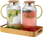 Buaic Glass Pitcher with Lid, 2 PACK 68 oz/2 Liter Vertical Water Pitcher With Serving Tray, Clear Borosilicate Glass Water Carafe for Cold Brew, Coffee, Lemonade, Iced Sun Tea,Beverage,Heat Resistant