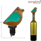Songbird Specialties Wine Bottle Pourer, Fun Wine Pourer Spout Sings While It Pours, Airtight Wine Bottle Sealer, Acacia Wood with Turquoise Wings