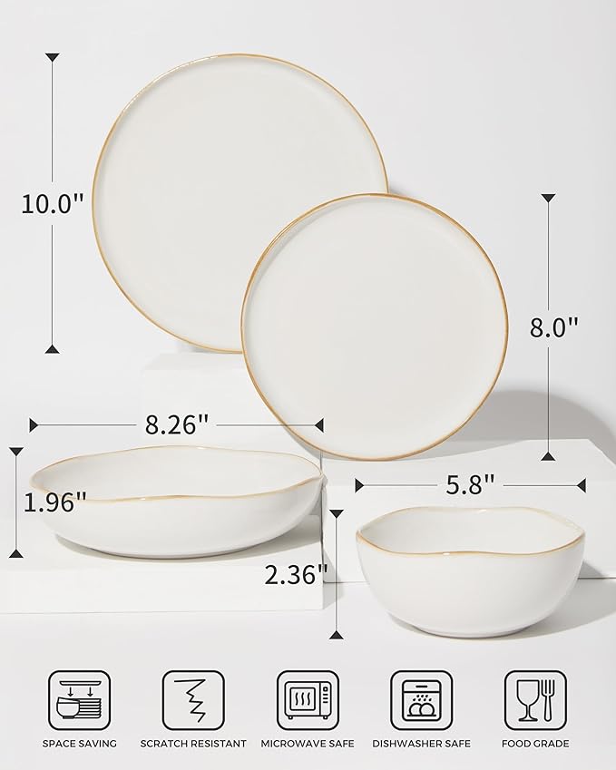 Pokini 32 Piece White Dinnerware Set with Pasta Bowls, Reactive Glaze Stoneware for 8 | Perfect for Multi‑Course Dinners, Hosting Large Groups, Holiday Serving Needs