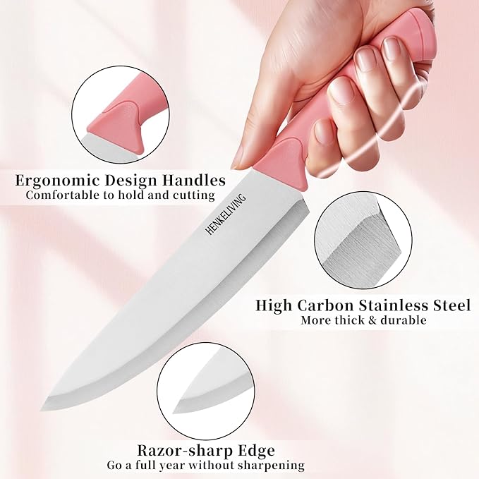 Knife Set, 14-Piece Kitchen Knives Set with Block, Built-in Sharpener, German High Carbon Stainless Steel, Ergonomic Non-Slip Handles, Peach Pink