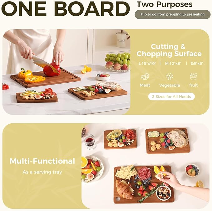 Bamboo Cutting Board for Kitchen – 3-Piece Wooden Boards with Juice Grooves, Side Handles, Non-Slip Mats – Perfect for Meat, Veggies Fruit,Cutting Board & Knife Sets – Ideal Kitchen Gift