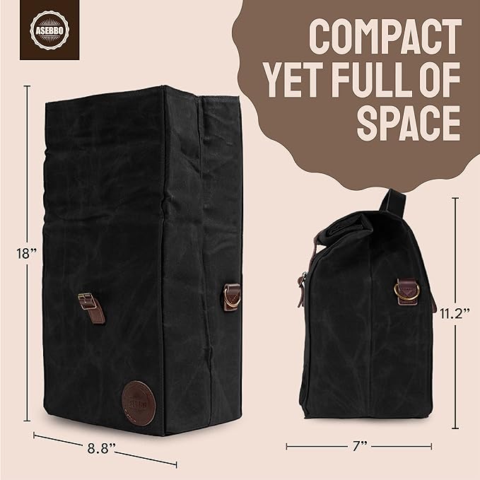 ASEBBO Insulated Lunch Bag for Women & Men - Reusable & Leak Proof Lunch Box Cooler Bag for Work, Beach, Travel for Adults with Shoulder Strap - Waxed Canvas (Black) - Reusable Bag