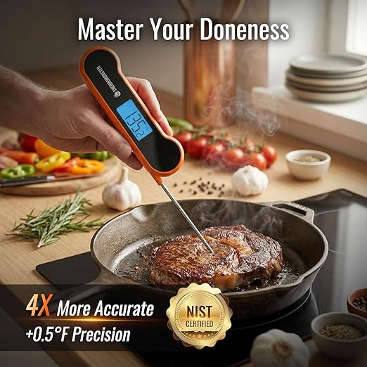 0.5 Sec Instant Read Meat Thermometer Digital with ±0.5℉ Precision, Food Thermometer for Cooking Kitchen Gadgets, Oven Grill Candy BBQ Essentials Accessories, Gifts for Him Dad Men Birthday, Orange
