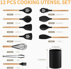 Silicone Cooking Utensil Set,12 PCS Cooking Cookware Kitchen Utensils Set for Cooking, Nonstick 446°F Heat-Resistant Cookware Kitchen Tools of Spoon,Brush,Whisk,Spatula,Turner Tongs (Black)