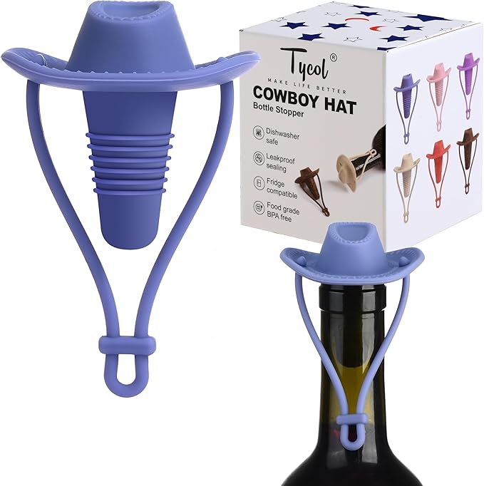 Silicone Wine Stopper, Reusable Cowboy Hat Bottle Sealer, Decorative Wine Accessories, Leakproof Cork Replacement, Wine Collector Gift, Funny Kitchen Gadget to Keep Wine Fresh (Blue)