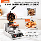 VEVOR Commercial Waffle Maker, 1 Piece per Batch, 1300W Round Waffle Iron, Non-Stick Waffle Baker Machine with 122-572℉ / 50-300℃ Temp Range Teflon-Coated Baking Pans Stainless Steel Body, 120V