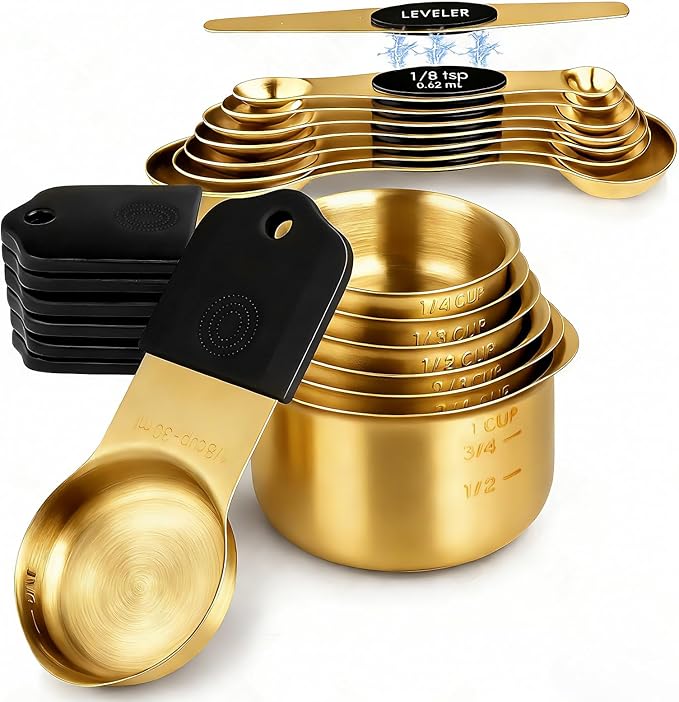 Magnetic Measuring Cups & Spoons Set, Strong N45 Magnets, Heavy Duty Stainless Steel Fits in Spice Jars for Baking & Cooking, BPA Free, Round Set of 15 with Leveler,Gold
