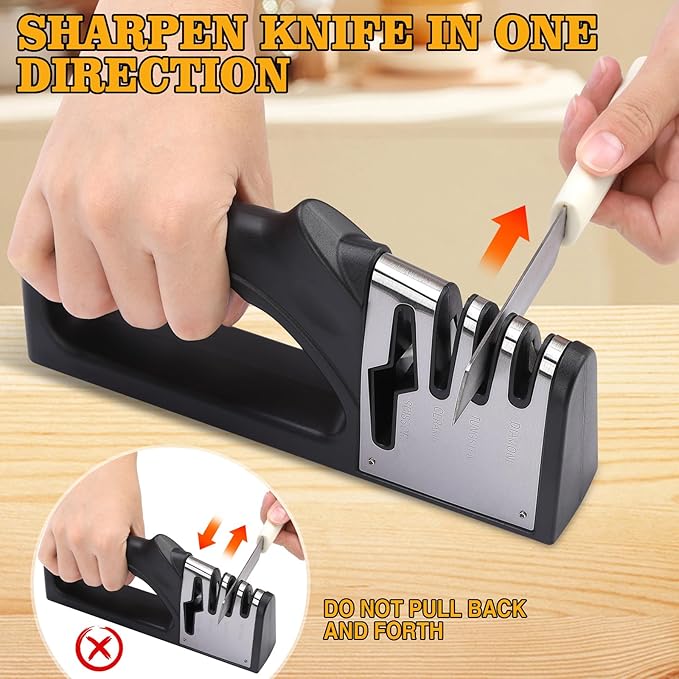 4-in-1Manual Knife Sharpener Suitable for kitchen knives, fruit knives, steel knives, scissors, and 3-level precision sharpening.Non slip base, suitable for home use (black) (2)