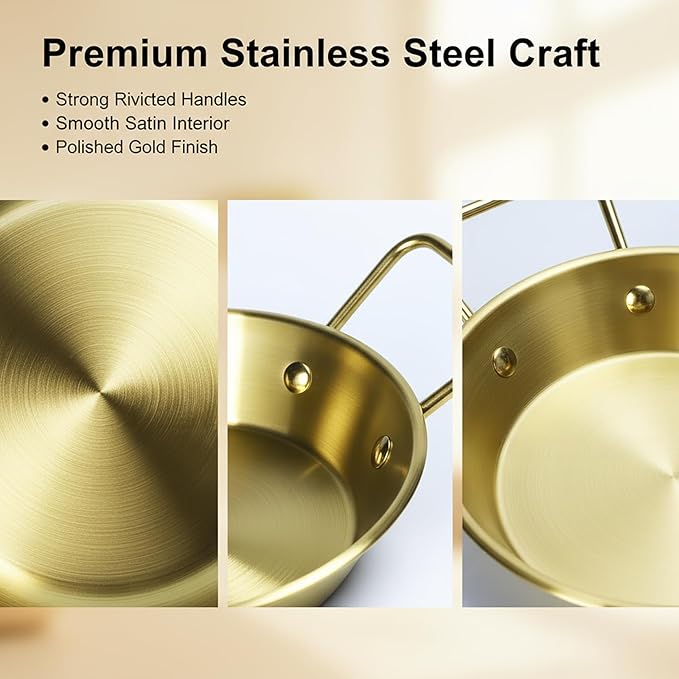 Pie pans Quirche Dishes Stainless Steel Set of 4, Specialty Gratins Pots and Pans Cookware, Au Gratin Baking Dish with Handles, 20 Oz, for Oven Roasting, Individual portion, Gold 7.5 Inch