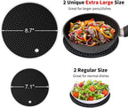 Silicone Trivet Mats - Walfos Heat Resistant Pot Holders Set, 4pcs 2 Sizes 7 Inch & 9 Inch, Multipurpose Non-Slip Hot Pads for Hot Pot, Hot Dishers, Jar Opener, Food Grade & BPA Free (Black)
