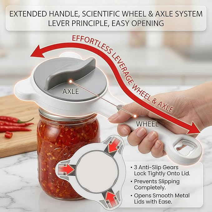 4-in-1 Adjustable Jar Opener for Weak Hands & Seniors — Ergonomic Non-Slip Handle, Multi-Size Lid Remover for Mason Jars, Bottles & Cans (Beige)
