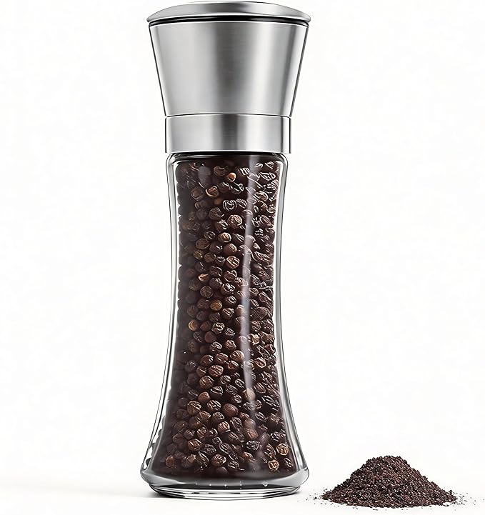 Gorgeous Salt & Pepper Grinder Set — Refillable Stainless Steel & Glass Spice Mill with Adjustable Coarseness — Perfect For Himalayan Or Sea Salts, Fresh Ground Pepper, Or Fresh Spices (1 Pack)