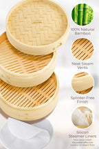 Prime Home Direct Bamboo Steamer Basket 10-Inch | 2-Tier Steamer for Cooking | 50 Liners, Chopsticks, Sauce Dish | Steaming Asian Food, Bao Buns, Chinese, Dim Sum, Dumpling, Rice, Vegetable Steam Pot
