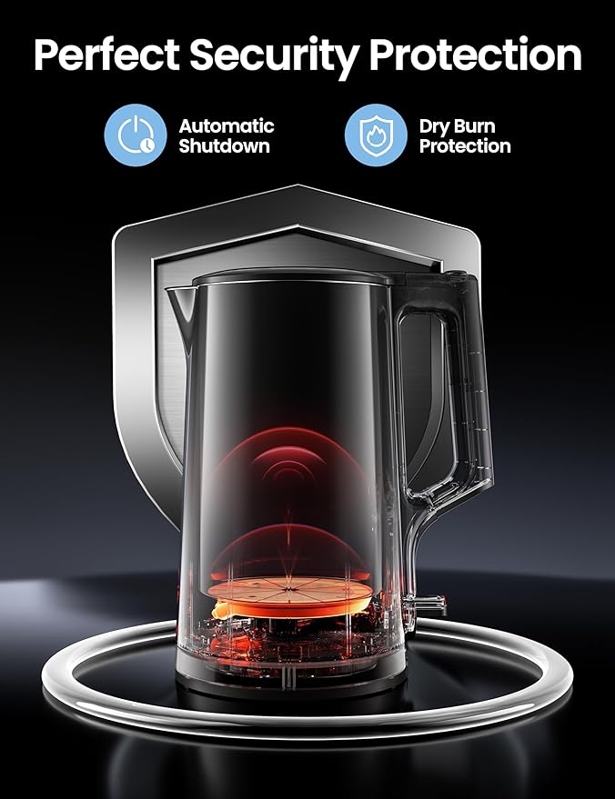 COMFEE' 1.7L Double Wall Electric Tea Kettle and Kettle Water Boiler, 100% Stainless Steel Interior & Lid & Spout, Two-Level Wide Open Lid, 1500W Fast Boiling, Auto-Off and Boil-Dry Protection