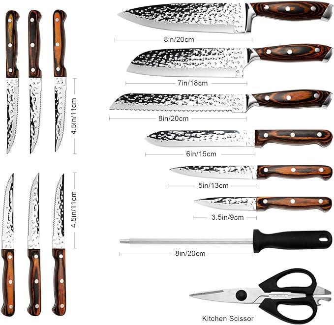 Kitchen Knife Set,15-Piece Knife Set With Block Wooden,Self Sharpening For Chef Knife Set,High Carbon Japan Stainless Steel Hammered Collection Knife Block Set with Steak Knives, Boxed Knife Set