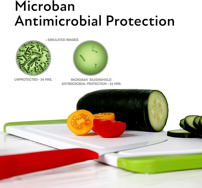 Neoflam 2 Piece Plastic Cutting Board Set, Microban Protection, Stain & Odor Free, Extra Large, BPA Free, Juice Groove, Non Slip, Dishwasher Safe, Easy Grip Handle, White Green