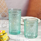 Green Glassware Set of 4, Vintage Drinking Glasses, Colored Glassware Drinking, Highball Embossed Beverage Glasses Cup for Party Wedding Home Office and Gift (2pcs12oz+2pcs10oz）