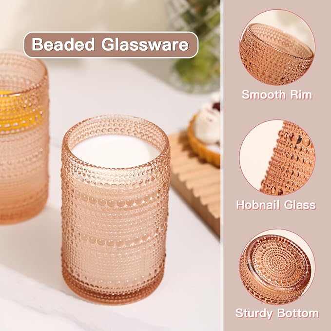 JOVGANK Venus Vintage Hobnail Drinking Glasses Set of 6, Water Tumbler 15oz, Kitchen & Bar Beaded Highball Glasses, Beverage Glass Cups for Water, Beer, Juice, New Year gifts