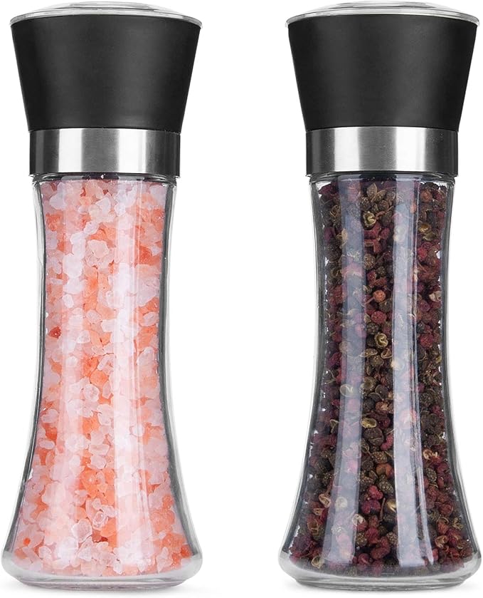 Hotder Premium Pepper and Salt Grinder Set of 2-Refillable Coarseness Adjustable Pepper Mill Shaker with Glass Body for Home,Kitchen(Two Pack)