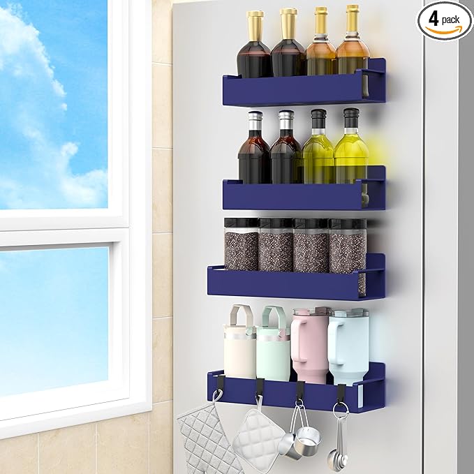 HuggieGems 4 Pack Magnetic Spice Rack Organizer for Refrigerator and Oven, Dark Blue Fridge Organizers and Storage for Kitchen