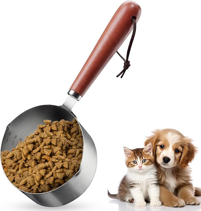 1 Cup Dog Food Scoop 304 Stainless Steel Dog Food Measuring Cups Metal Pet Scooper with Inner Precision Scale Measurement for Dogs, Cats, Birds & Rabbits (1 cup)