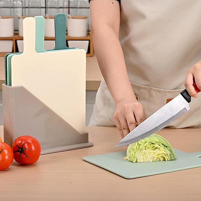 Plastic Cutting Boards for Kitchen, 4-Pieces Cutting Board With Food Icons And Storage Stand, Easy Grip Handle, Professional Chopping Board Set for Meat, Veggies, Fruits（12.9"X 9.4" X 3.1")