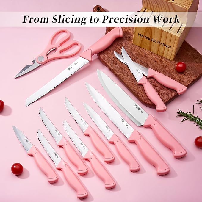 Knife Set, 14-Piece Kitchen Knives Set with Block, Built-in Sharpener, German High Carbon Stainless Steel, Ergonomic Non-Slip Handles, Peach Pink