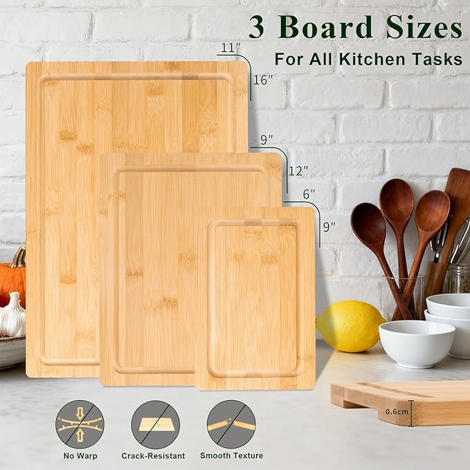 Bamboo Cutting Board Set of 3 with Stand, Wood Chopping Boards for Kitchen, Reversible Butcher Block with Juice Groove & Handle, Different Size Boards for Meat, Vegetables, Fruit, Charcuterie