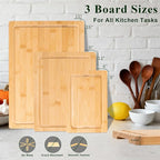 Bamboo Cutting Board Set of 3 with Stand, Wood Chopping Boards for Kitchen, Reversible Butcher Block with Juice Groove & Handle, Different Size Boards for Meat, Vegetables, Fruit, Charcuterie