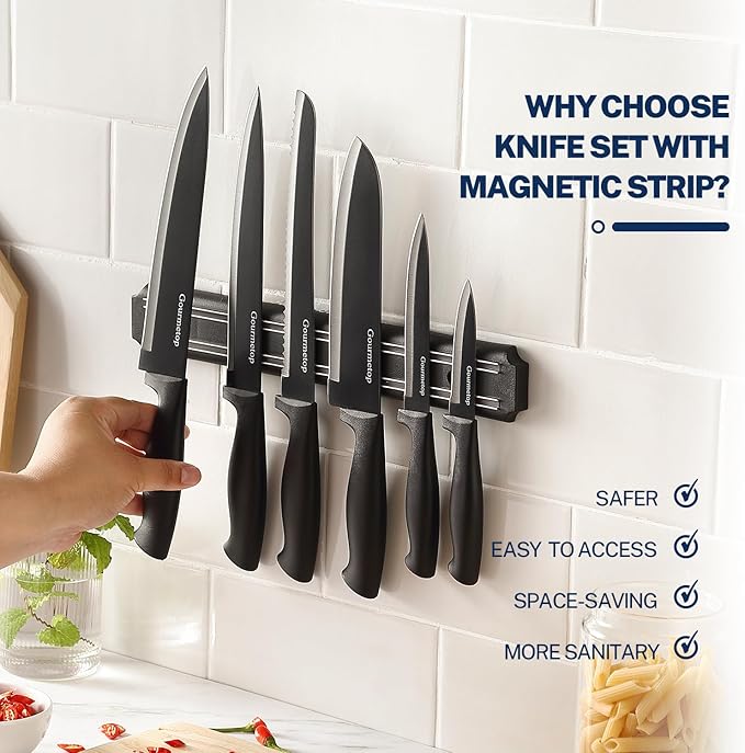 Gourmetop Kitchen Knife Set with No Drilling Magnetic Strip for Kitchen Black Titanium Small Cooking Knives, Sharp Stainless Steel Chef Knife Set for Cutting Meat & Vegetable