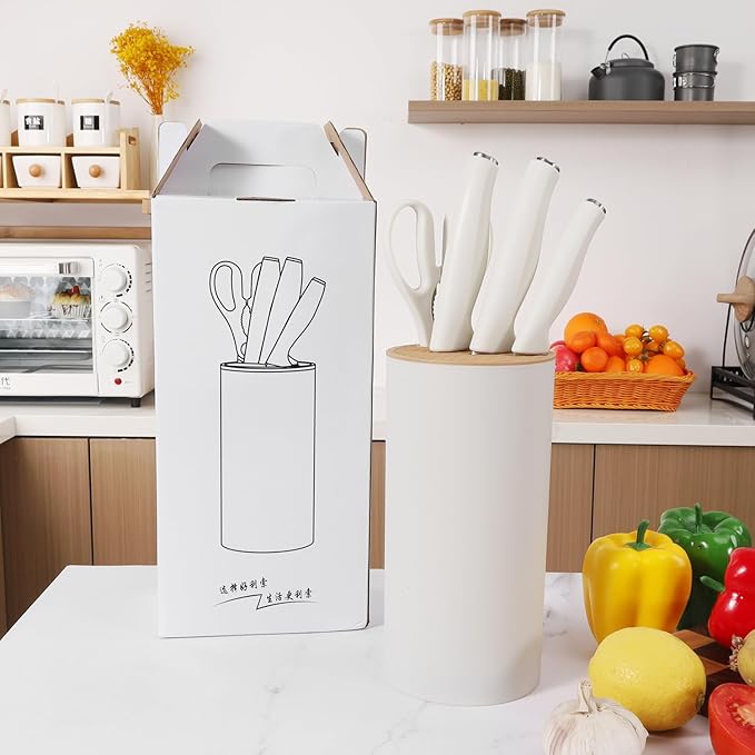 Small Knife Block Set, Modern Kitchen Knife Scissors with Universal Round Holder, Home Apartment New Kitchen Essentials, Space Saving, Dishwasher Safe(Vanilla White, 5PCS)