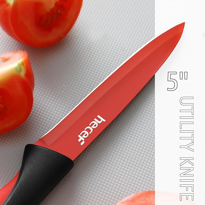 hecef 15 Pieces Kitchen Knife Set with Built-in Sharpening Wooden Block, Dishwasher Safe, High Carbon Stainless Steel Knife Block Set with Steak Knives, Kitchen Scissors (Red)