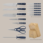 MARTHA STEWART Eastwalk 14 Piece High Carbon Staineless Steel Cutlery Set w/ABS Triple Riveted Forged Handle Acacia Wood Block - Navy Blue
