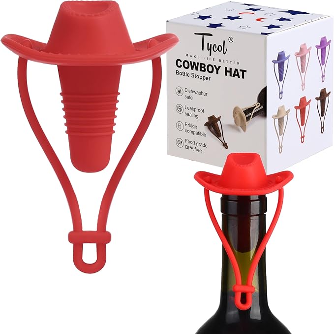 Silicone Wine Stopper Cute Wine Accessories Reusable Sealing plug Fun Cowboy Hat bottle Seals keep wine fresh Gifts for Wine Collector replacement Corks (Red)