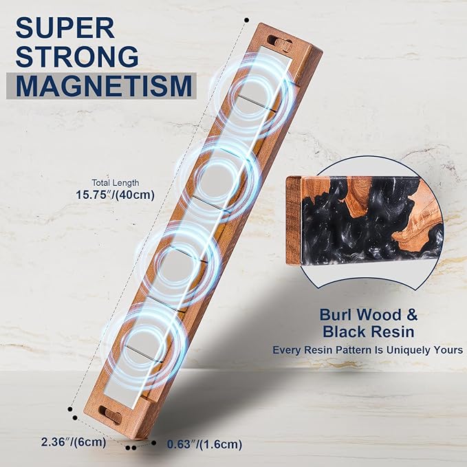 ENOKING Magnetic Knife Holder for Wall 16 Inch, Acacia Burl Wood & Black Resin Magnetic Knife Strip Bar, Powerful Magnet Kitchen Knife Storage Rack, Space-Saving Wall Mounted Organizer