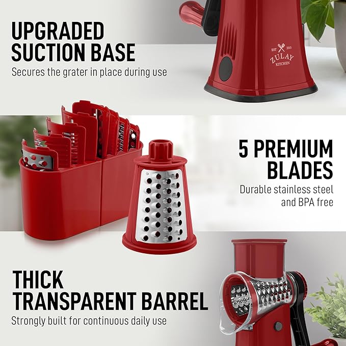 Zulay Kitchen Rotary Cheese Grater 5 Blade Cheese Shredder - Manual Hand Crank Cheese Grater With Reinforced Suction & 5 Interchangeable Drums - Easy to Use, Vegetable Chopper Round Mandoline Slicer