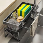 Carbon Steel Kitchen Sink Caddy, Sponge Holder Self Drain Soap Dish with Detachable Dishcloth Rack for Kitchen Countertop Organizer, Black